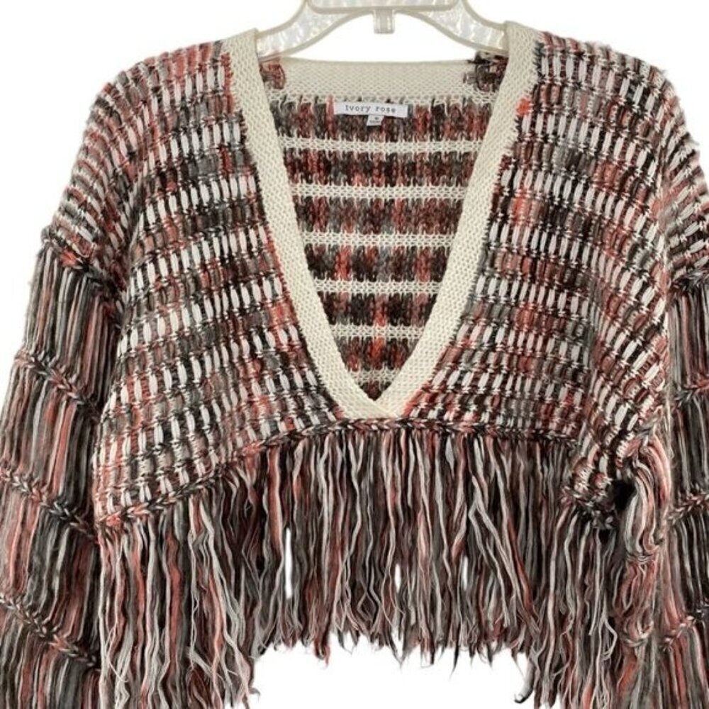 Ivory Rose Cropped Knit Fringe Sweater Boho V Neck - Picture 2 of 14